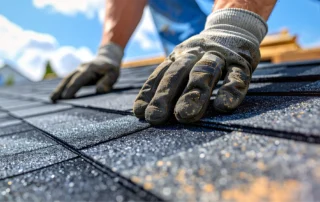 Professional roofer installing asphalt shingles during a roof replacement in Bristol, CT, helping prevent leaks and major structural damage.