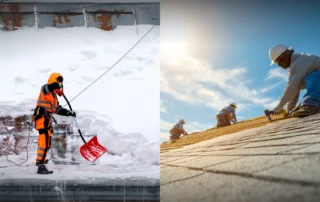 Roofers handling heavy snow and installing shingles for Connecticut weather conditions