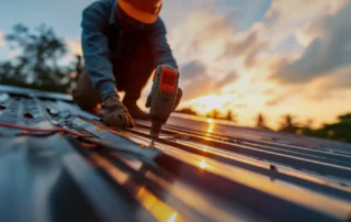 Professional metal roofing contractor working diligently on a roof installation.